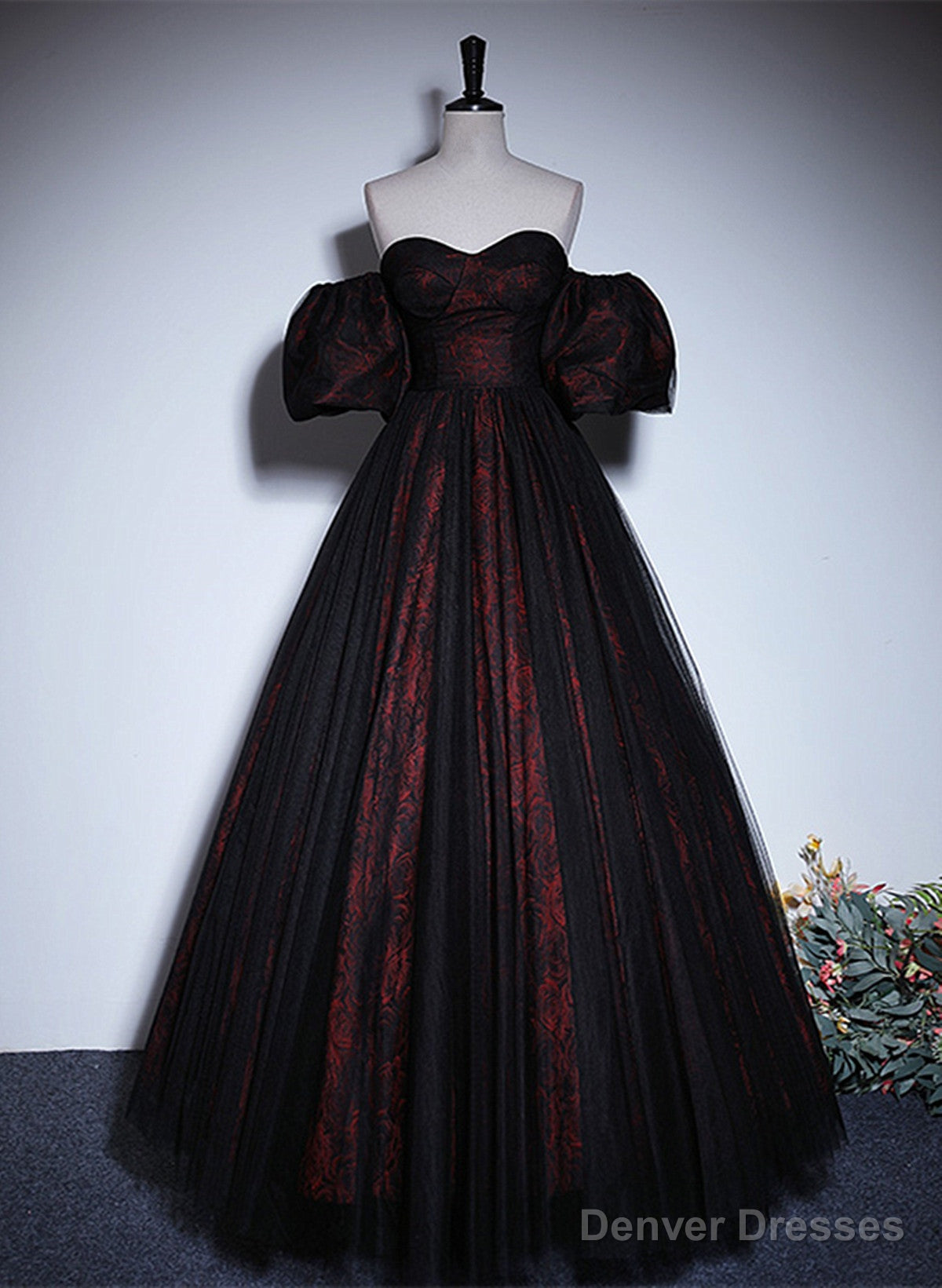 Pretty A-line Black and Red Lace Sweetheart Evening Dress, Black and Red Prom Dress