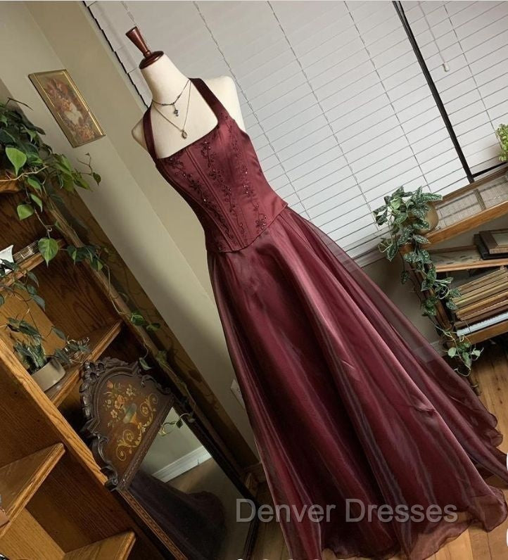 Pretty A Line Halter Burgundy Sleeveless Evening Dress Organza Long Prom Dress