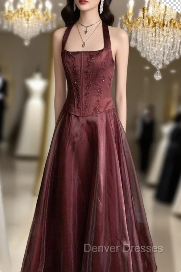 Pretty A Line Halter Burgundy Sleeveless Evening Dress Organza Long Prom Dress Main image