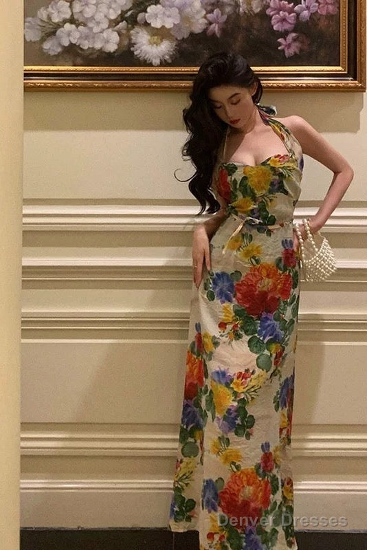 Pretty A Line Halter Floral Long Prom Dresses Birthday Outfits Evening Gown