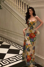 Pretty A Line Halter Floral Long Prom Dresses Birthday Outfits Evening Gown