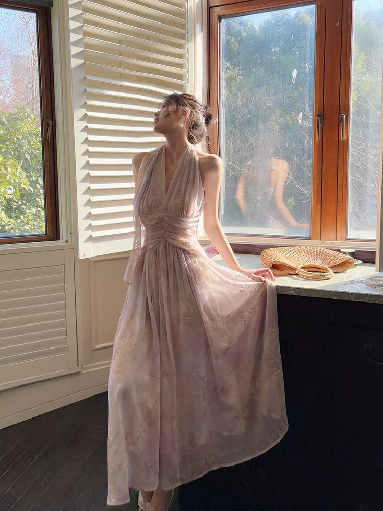 Pretty A Line Halter Pink Chiffon Floral Ankle Length Evening Dress Prom Dress Secondary image