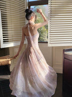 Pretty A Line Halter Pink Chiffon Floral Ankle Length Evening Dress Prom Dress