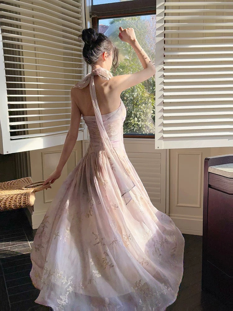 Pretty A Line Halter Pink Chiffon Floral Ankle Length Evening Dress Prom Dress