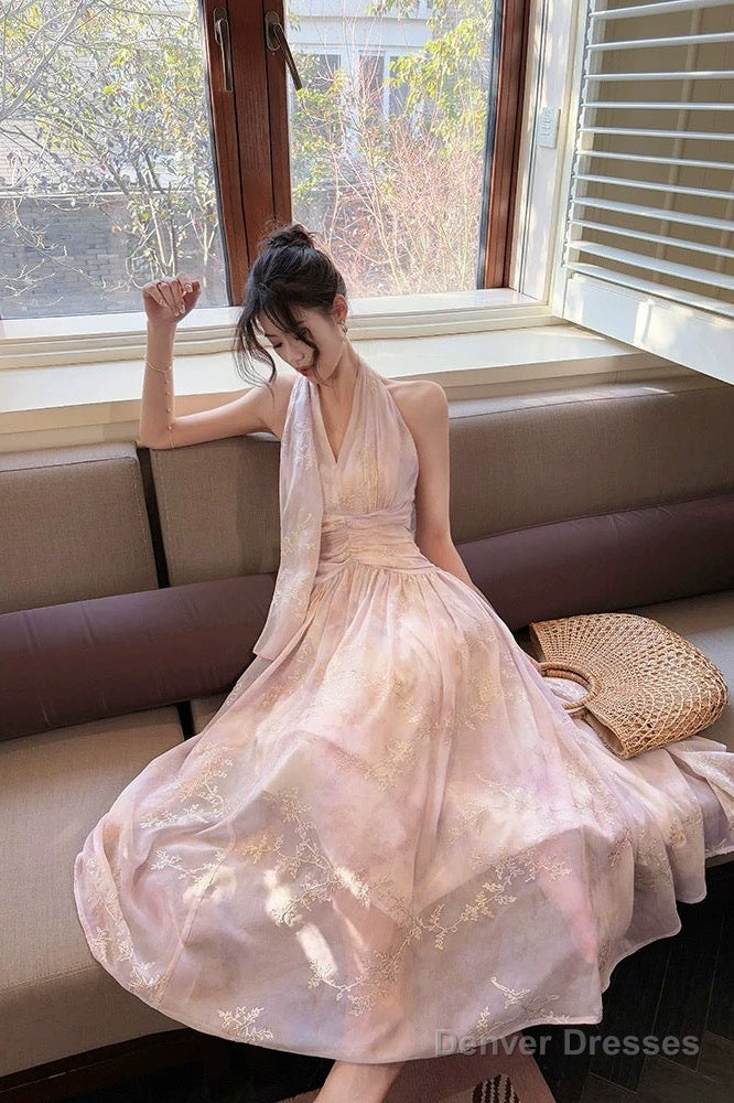 Pretty A Line Halter Pink Chiffon Floral Ankle Length Evening Dress Prom Dresses