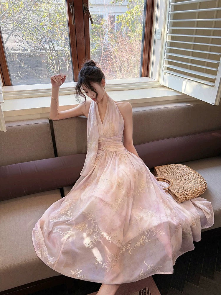 Pretty A Line Halter Pink Chiffon Floral Ankle Length Evening Dress Prom Dress