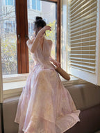 Pretty A Line Halter Pink Chiffon Floral Ankle Length Evening Dress Prom Dress