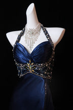 Pretty A Line Halter Sleeveless Navy Blue Slit Beads Long Prom Dress Evening Dress