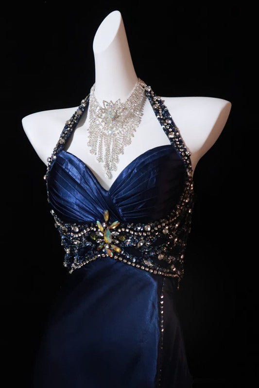 Pretty A Line Halter Sleeveless Navy Blue Slit Beads Long Prom Dress Evening Dress