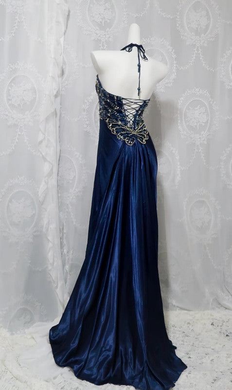 Pretty A Line Halter Sleeveless Navy Blue Slit Beads Long Prom Dress Evening Dress