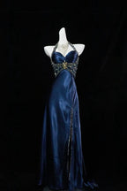 Pretty A Line Halter Sleeveless Navy Blue Slit Beads Long Prom Dress Evening Dress