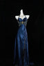 Pretty A Line Halter Sleeveless Navy Blue Slit Beads Long Prom Dress Evening Dress
