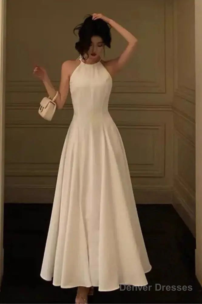 Pretty A Line Halter White Chiffon Prom Dresses Party Night Dress