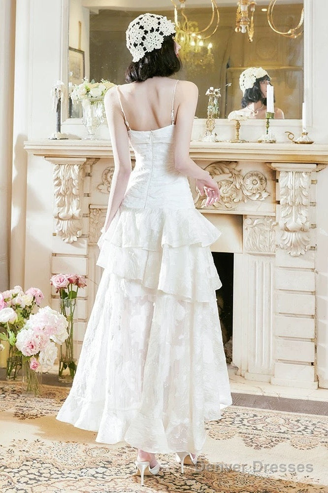 Pretty A Line High Low Ruffles Long Evening Dress Lace White Prom Dresses Secondary image