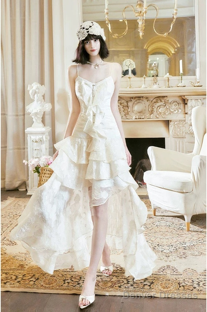 Pretty A Line High Low Ruffles Long Evening Dress Lace White Prom Dresses