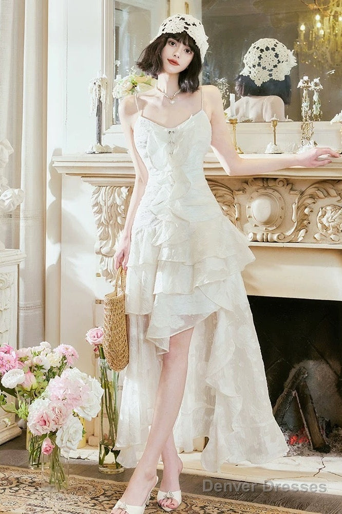 Pretty A Line High Low Ruffles Long Evening Dress Lace White Prom Dresses Main image