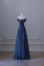 Pretty A Line Off The Shoulder Blue Sequin Long Prom Dress Evening Gowns