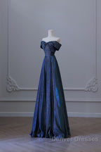 Pretty A Line Off The Shoulder Blue Sequin Long Prom Dress Evening Gowns