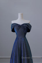 Pretty A Line Off The Shoulder Blue Sequin Long Prom Dress Evening Gowns