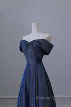 Pretty A Line Off The Shoulder Blue Sequin Long Prom Dress Evening Gowns