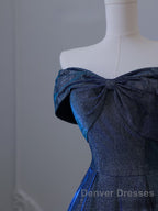 Pretty A Line Off The Shoulder Blue Sequin Long Prom Dress Evening Gowns