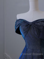 Pretty A Line Off The Shoulder Blue Sequin Long Prom Dress Evening Gowns