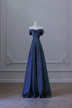 Pretty A Line Off The Shoulder Blue Sequin Long Prom Dress Evening Gowns