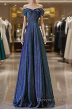 Pretty A Line Off The Shoulder Blue Sequin Long Prom Dress Evening Gowns