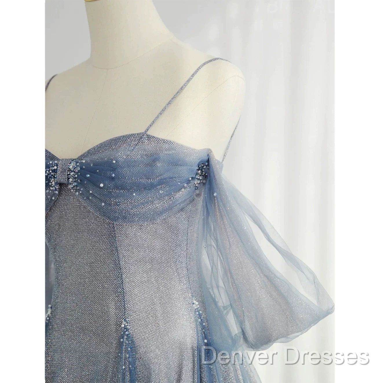 Pretty A Line Off The Shoulder Blue Sequin Tulle Long Length Evening Dress Prom Dress Secondary image