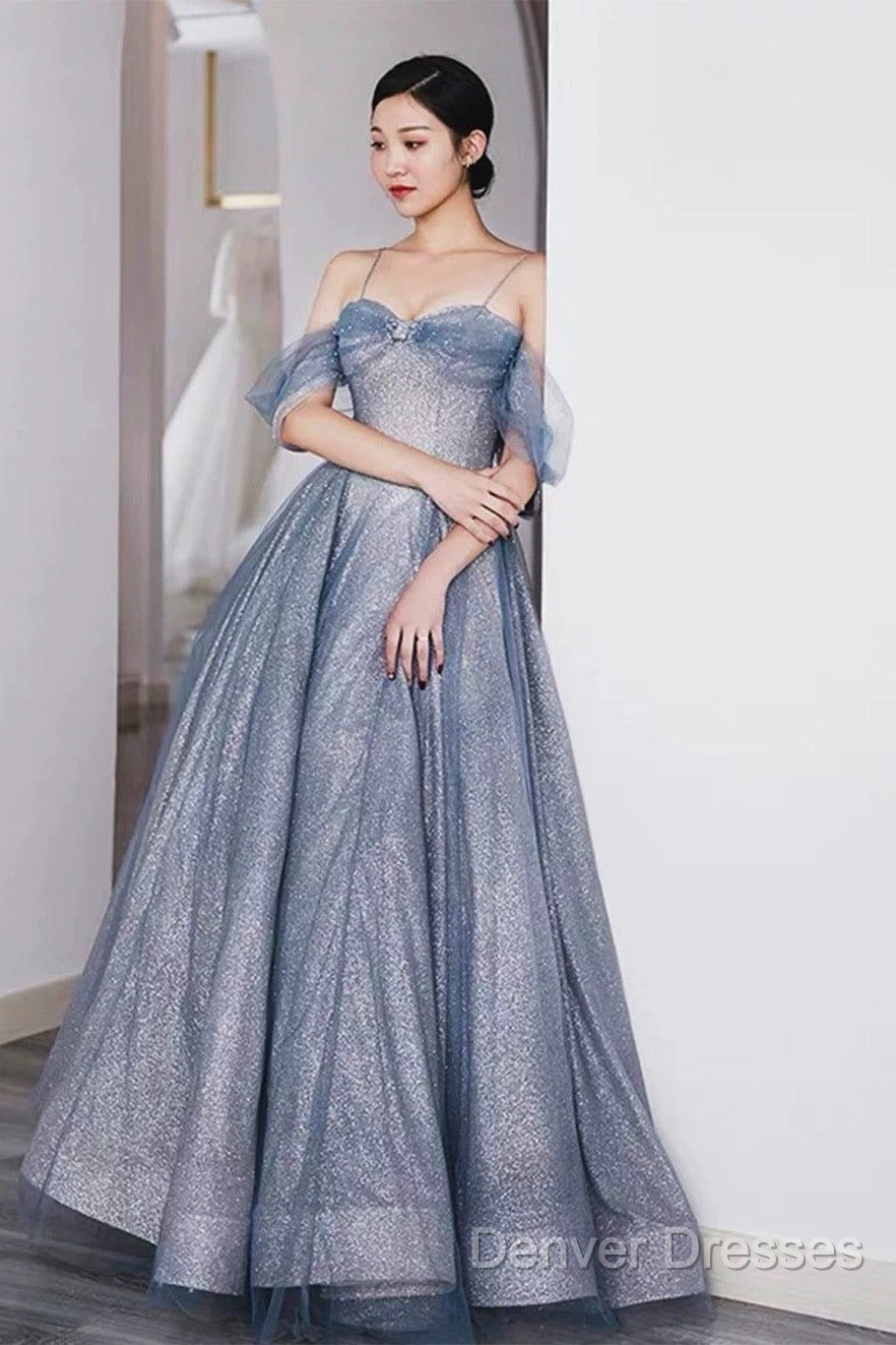 Pretty A Line Off The Shoulder Blue Sequin Tulle Long Length Evening Dress Prom Dress