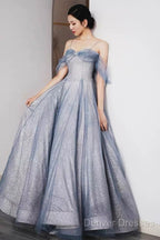 Pretty A Line Off The Shoulder Blue Sequin Tulle Long Length Evening Dress Prom Dress