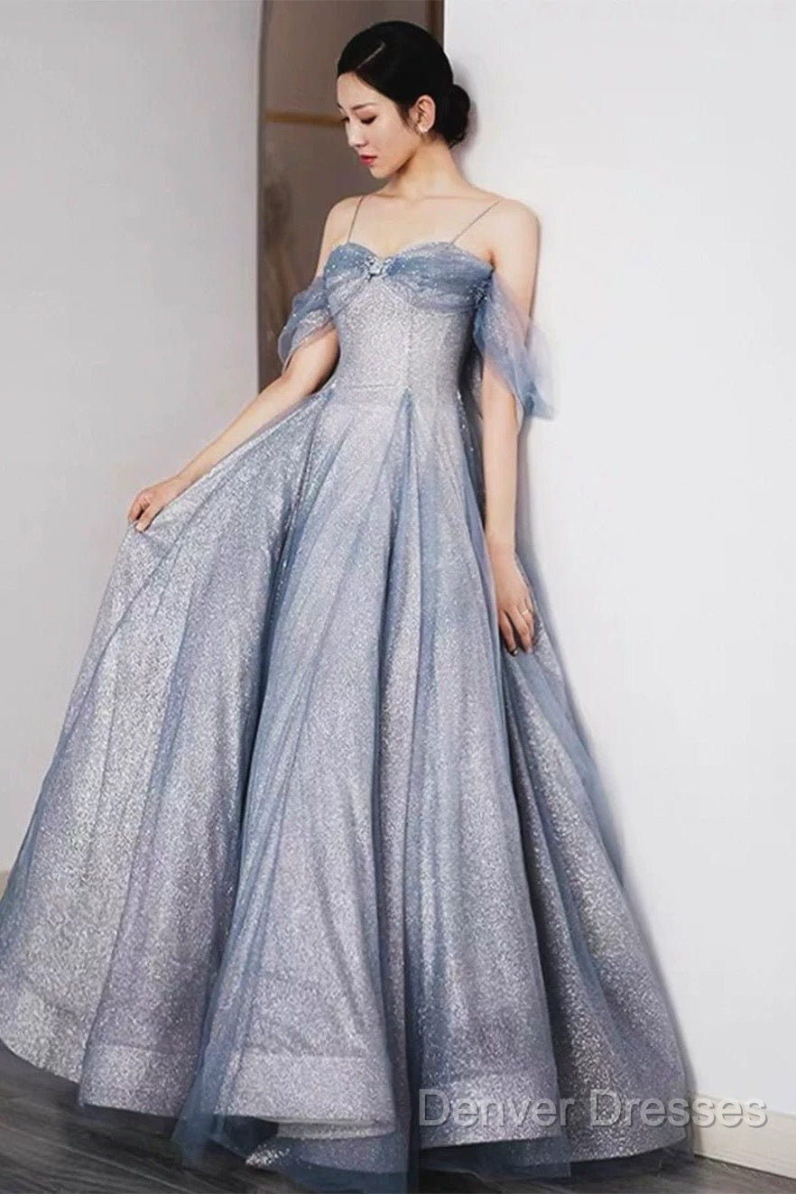 Pretty A Line Off The Shoulder Blue Sequin Tulle Long Length Evening Dress Prom Dress