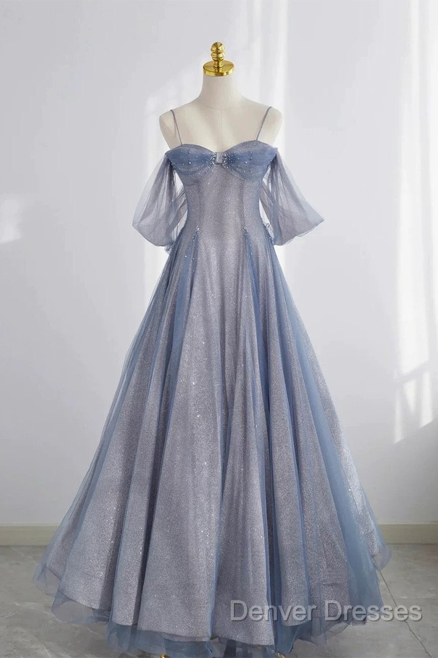 Pretty A Line Off The Shoulder Blue Sequin Tulle Long Length Evening Dress Prom Dress