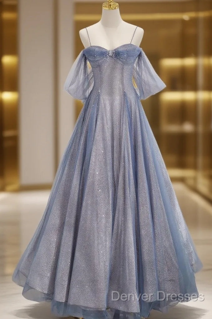 Pretty A Line Off The Shoulder Blue Sequin Tulle Long Length Evening Dress Prom Dress Main image