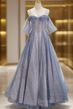 Pretty A Line Off The Shoulder Blue Sequin Tulle Long Length Evening Dress Prom Dress