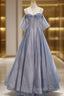 Pretty A Line Off The Shoulder Blue Sequin Tulle Long Length Evening Dress Prom Dress