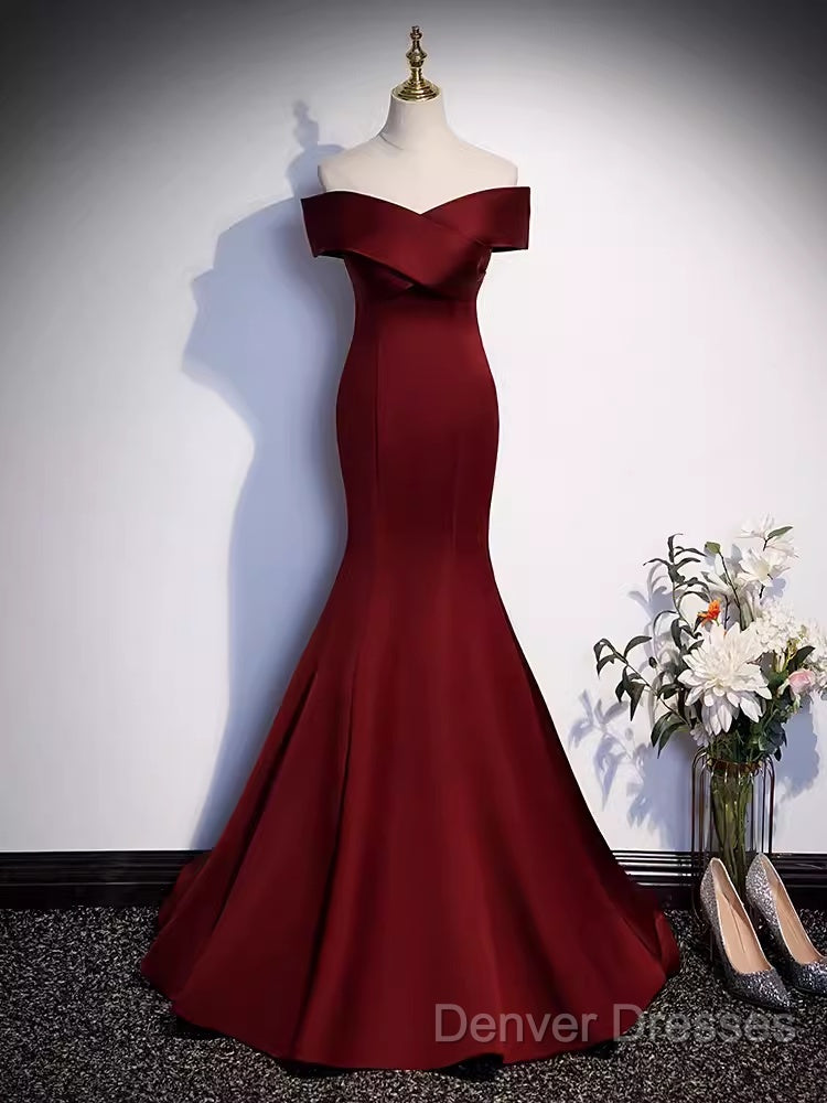 Pretty A Line Off The Shoulder Burgundy Satin Long Evening Party Dress Prom Dress With Bow Secondary image