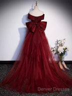 Pretty A Line Off The Shoulder Burgundy Satin Long Evening Party Dress Prom Dress With Bow