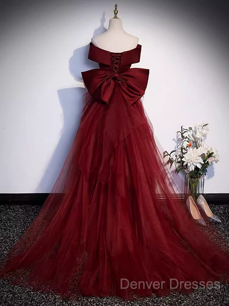 Pretty A Line Off The Shoulder Burgundy Satin Long Evening Party Dress Prom Dress With Bow