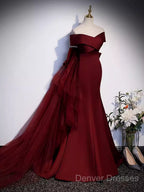 Pretty A Line Off The Shoulder Burgundy Satin Long Evening Party Dress Prom Dress With Bow