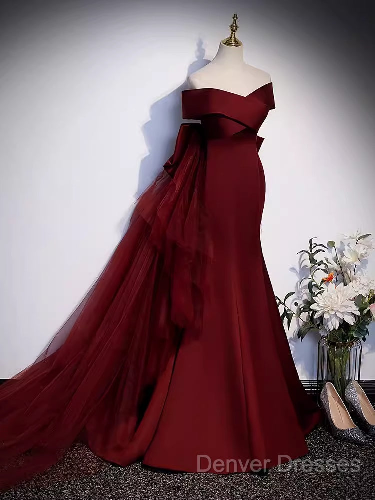 Pretty A Line Off The Shoulder Burgundy Satin Long Evening Party Dress Prom Dress With Bow