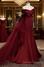 Pretty A Line Off The Shoulder Burgundy Satin Long Evening Party Dress Prom Dress With Bow