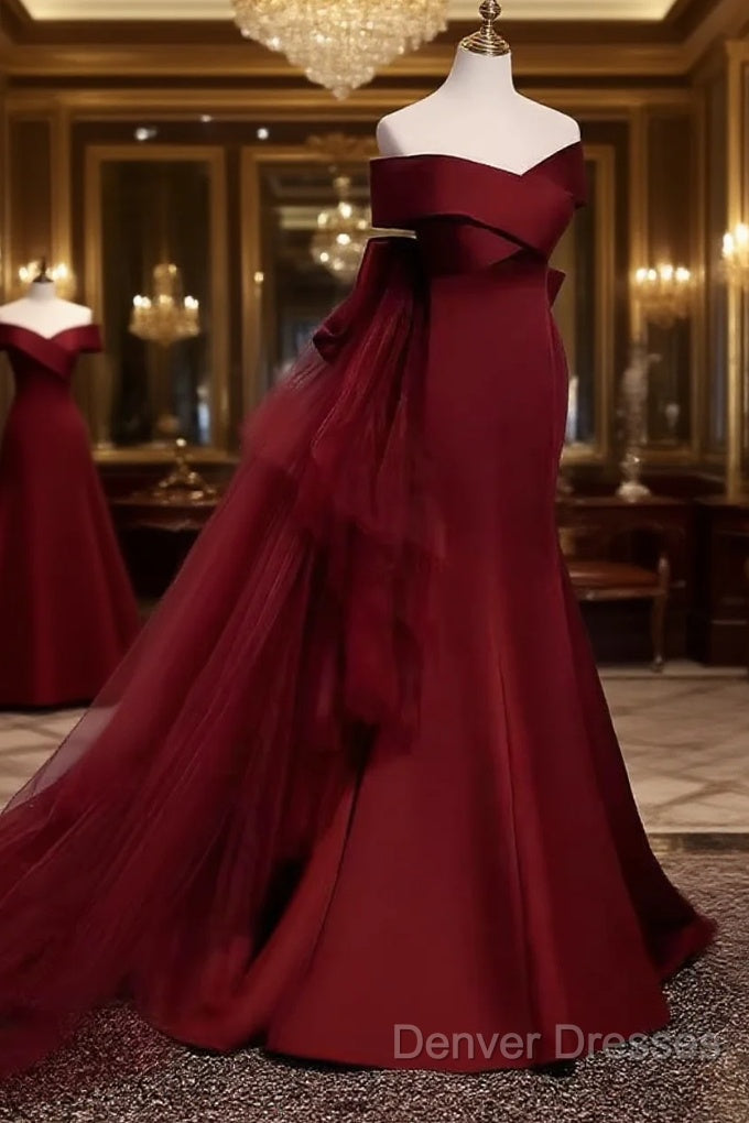 Pretty A Line Off The Shoulder Burgundy Satin Long Evening Party Dress Prom Dress With Bow Main image