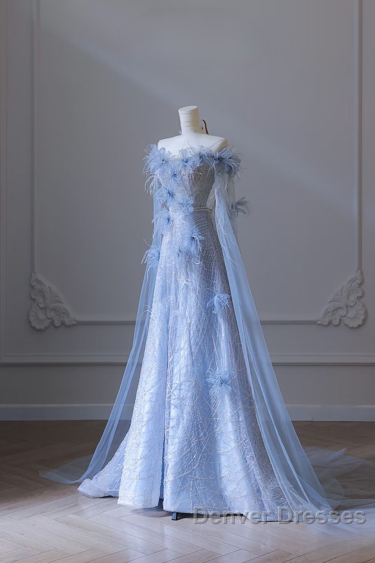 Pretty A Line Off The Shoulder Floor-Length Blue Sequin Short Sleeves Evening Dress Prom Dress