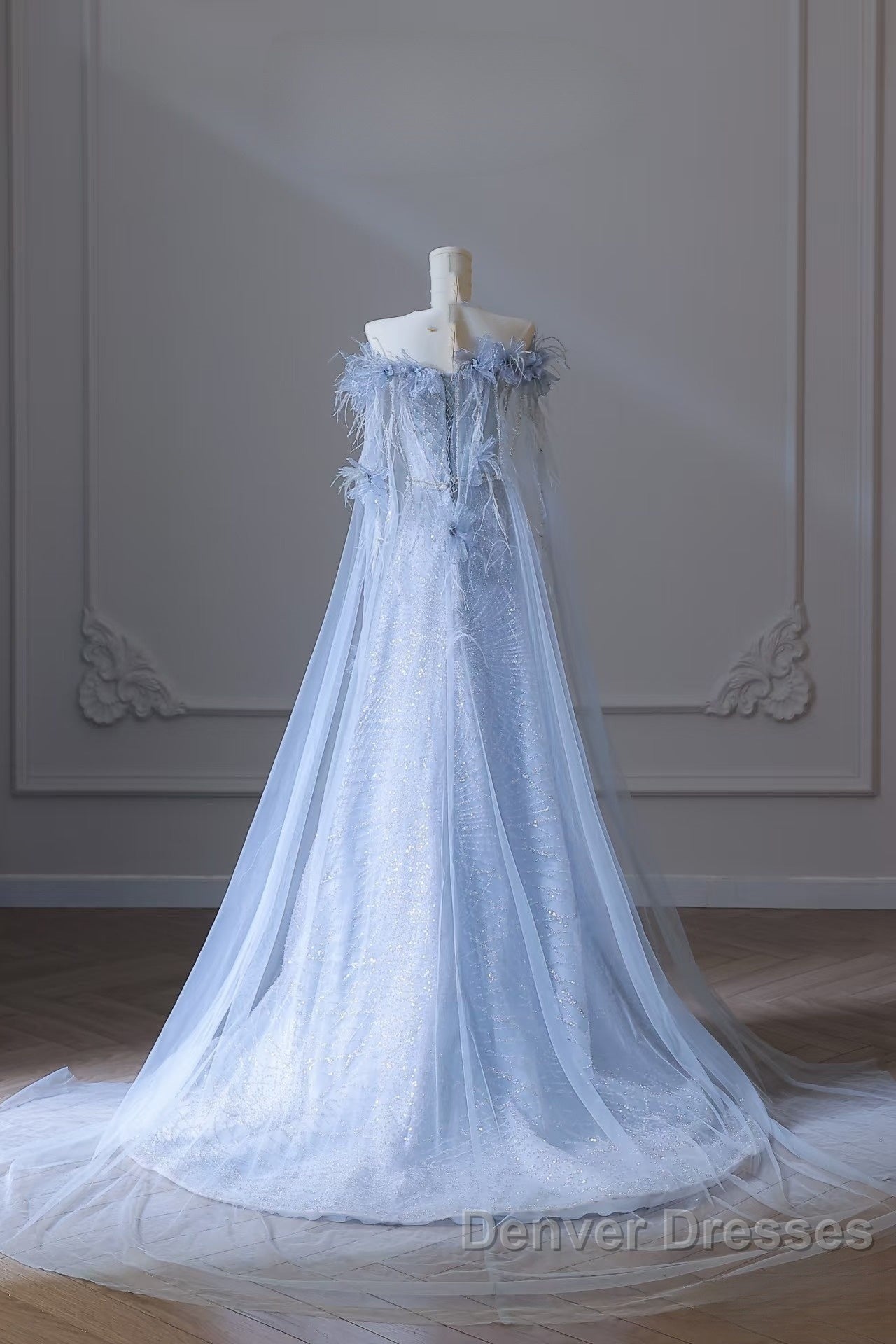 Pretty A Line Off The Shoulder Floor-Length Blue Sequin Short Sleeves Evening Dress Prom Dress