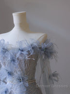 Pretty A Line Off The Shoulder Floor-Length Blue Sequin Short Sleeves Evening Dress Prom Dress