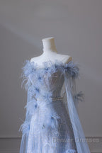 Pretty A Line Off The Shoulder Floor-Length Blue Sequin Short Sleeves Evening Dress Prom Dress