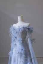Pretty A Line Off The Shoulder Floor-Length Blue Sequin Short Sleeves Evening Dress Prom Dress