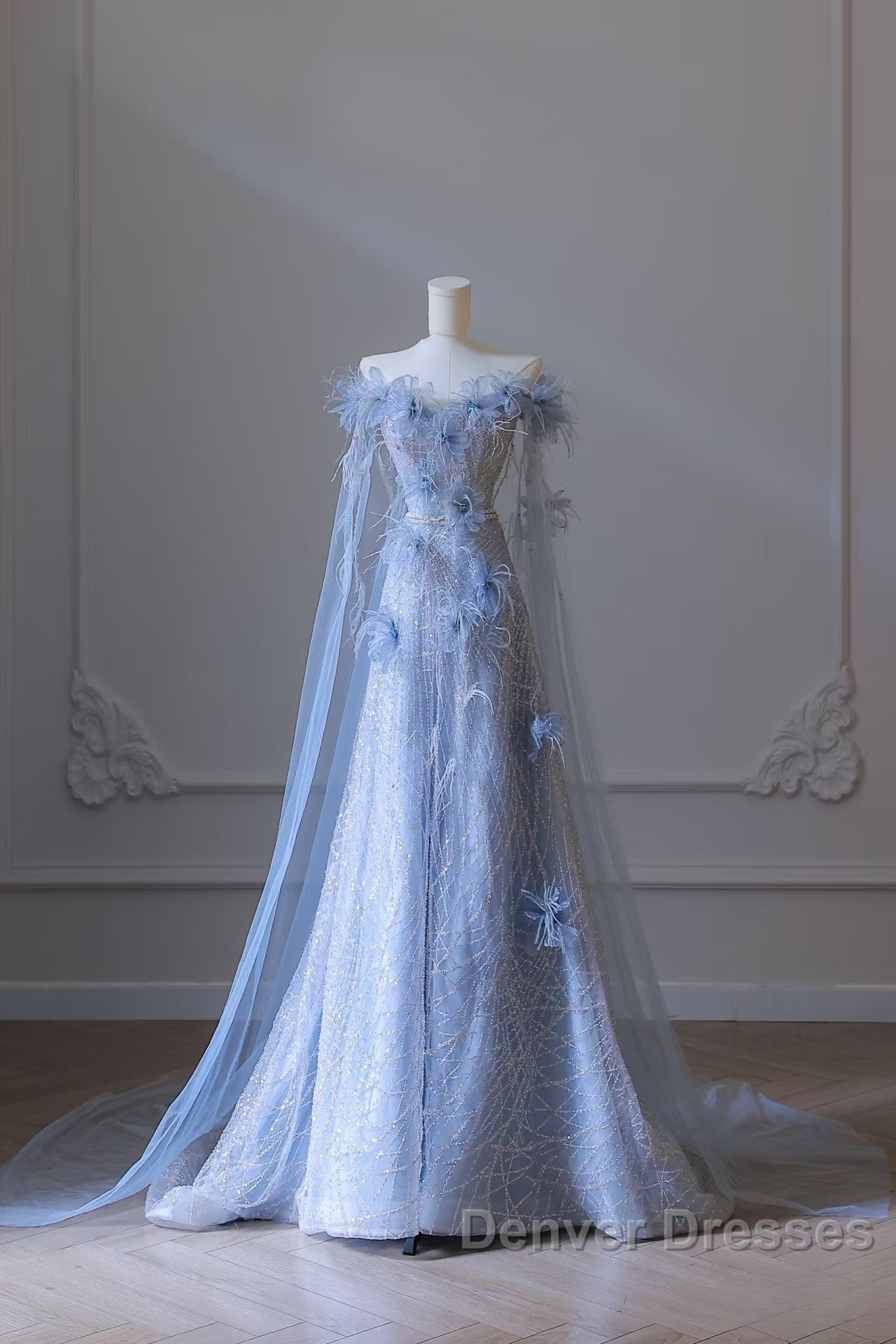 Pretty A Line Off The Shoulder Floor-Length Blue Sequin Short Sleeves Evening Dress Prom Dress