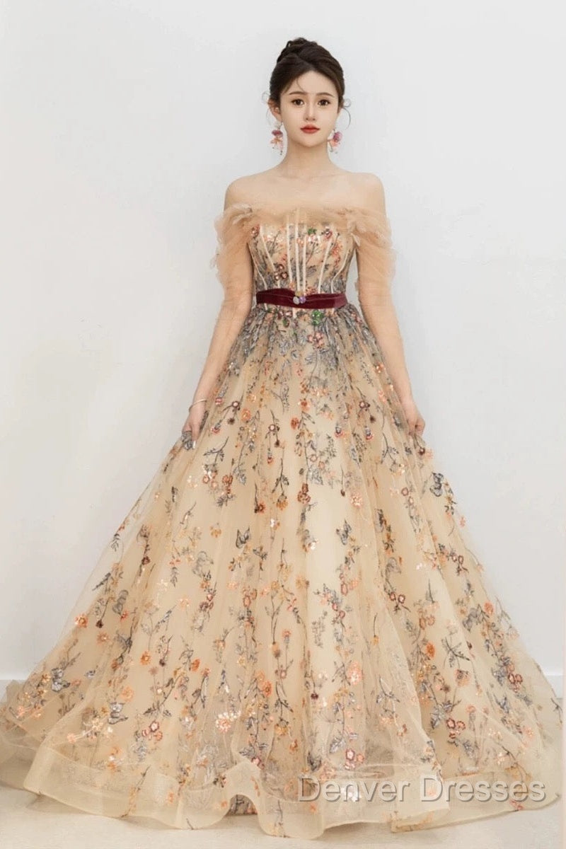 Pretty A Line Off The Shoulder Long Sleeves Floral Tulle Long Length Evening Dress Prom Dress